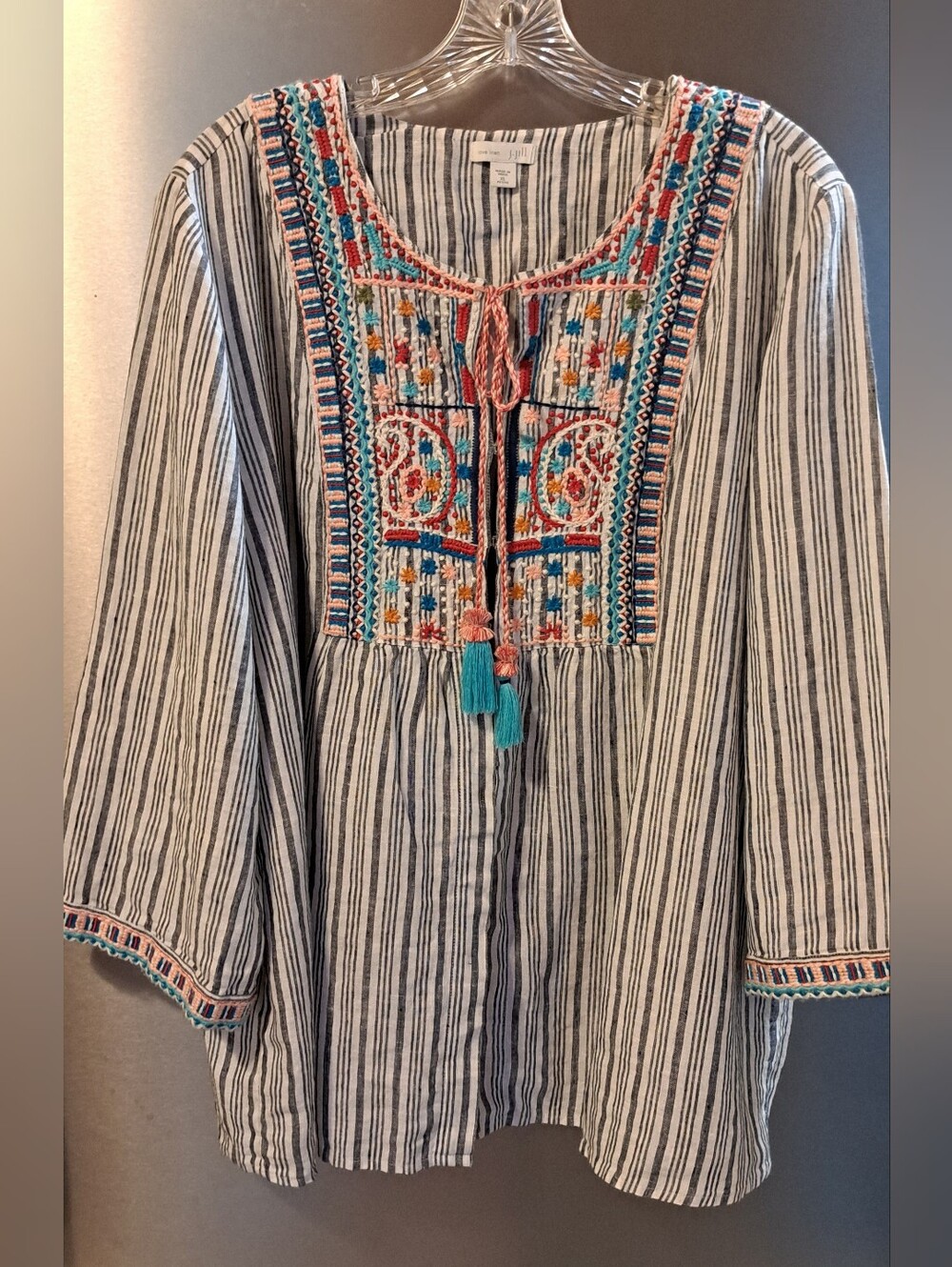 J Jill Love Linen Embroidered Hook Eye Front Striped Tunic Top CoverUp Boho XLP